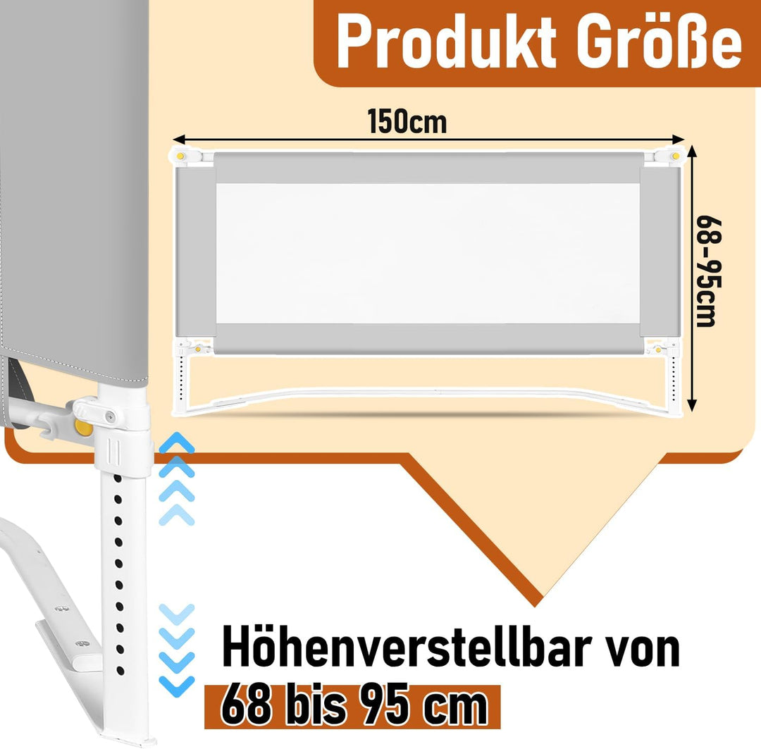 Ansobea 150cm Bettgitter|Kinderbettschutz mit U-förmige Füsse|Kinderbettgitter Faltbar|Bettschutzgit