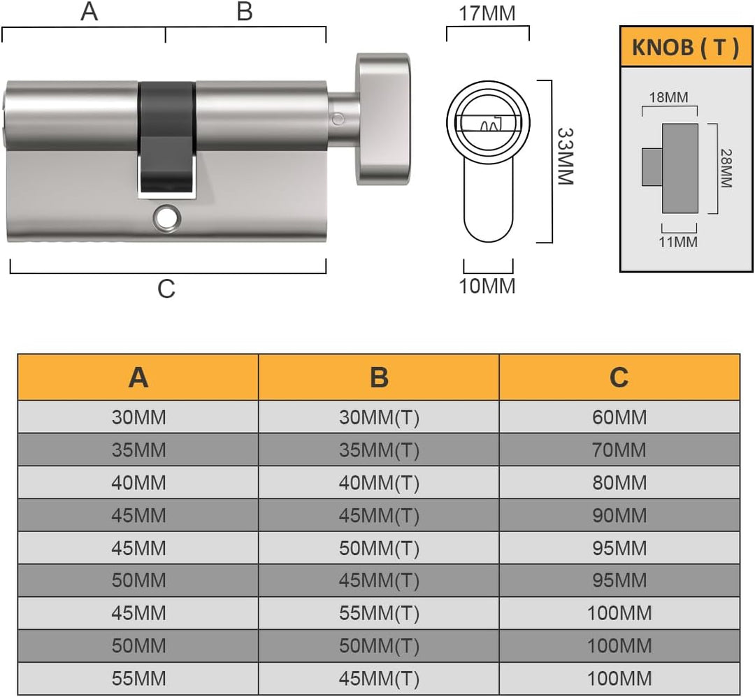 Bwintech 1 Stück 35T/35mm Euro Messingzylinder, 70mm Knauf/Schlüssel zylinderschloss mit 5 horizonta