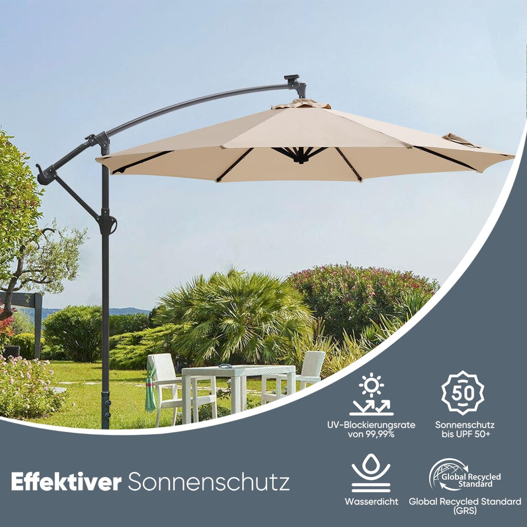 Sekey® LED Solar Ampelschirm 300cm LED Sonnenschirm-Solarbetrieben - UV50+ Sonnenschutz - Robust und