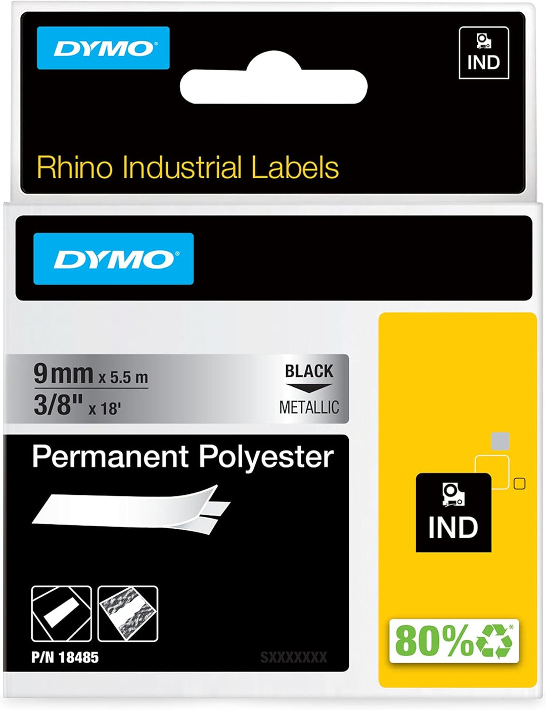 DYMO Rhino Industrie Permanente Polyesteretiketten | 9 mm x 5,5 m | Schwarz auf Metallic | selbstkle