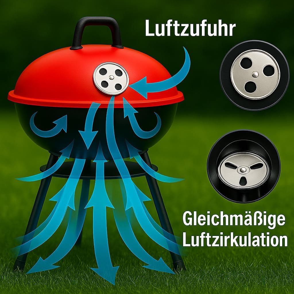 "Kompakter Kugelgrill 35 cm von Benson Garden – Tragbarer Holzkohlegrill mit einstellbarer Luftzufuh