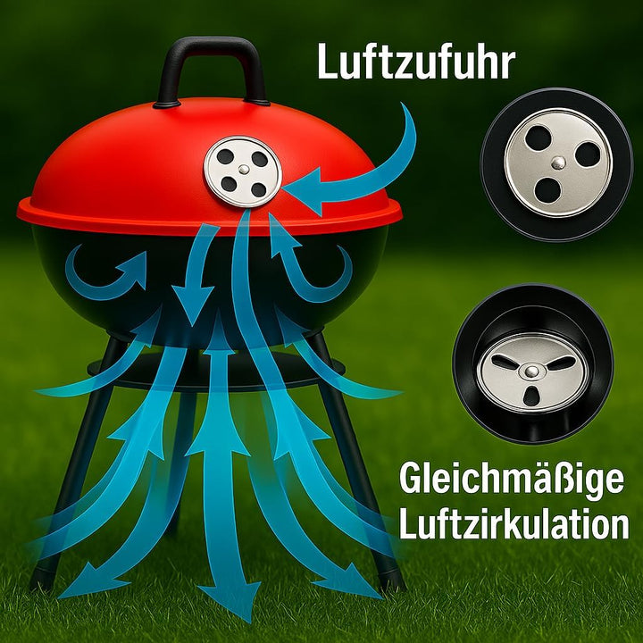 "Kompakter Kugelgrill 35 cm von Benson Garden – Tragbarer Holzkohlegrill mit einstellbarer Luftzufuh