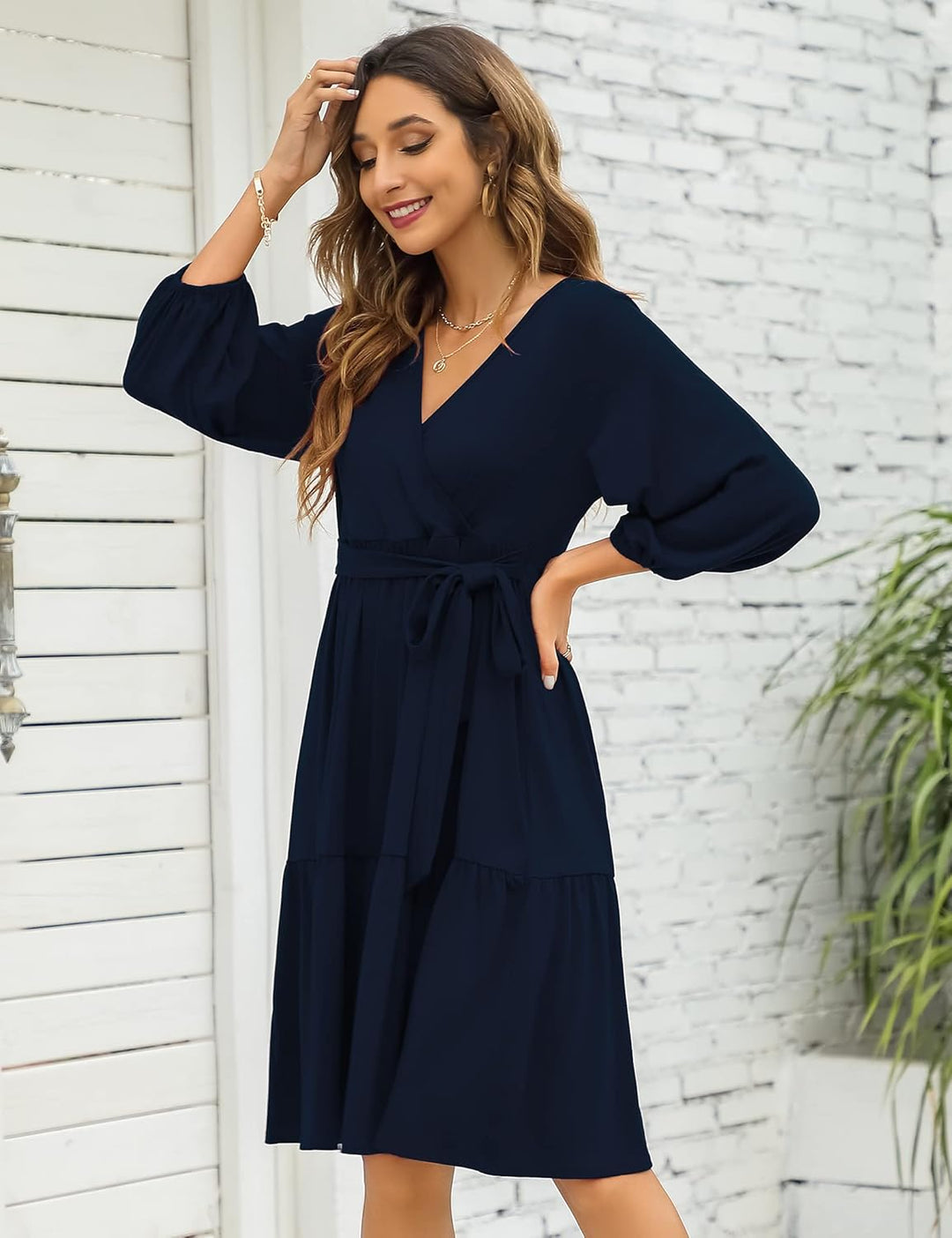 KOJOOIN Damen Umstandskleid V-Ausschnitt 3/4 Ärmel Stillkleid Rüschen Schwangerschafts Kleider mit G