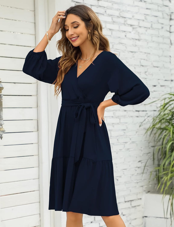 KOJOOIN Damen Umstandskleid V-Ausschnitt 3/4 Ärmel Stillkleid Rüschen Schwangerschafts Kleider mit G