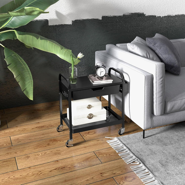 HOMCOM Servierwagen, Rollwagen mit 1 Schublade, 1 Ablage, Aufbewahrungswagen Beistellwagen mit Haken