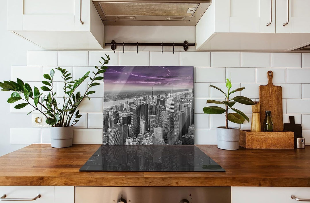 Skyline New York Gewitter Herdabdeckplatte & Spritzschutz aus Echtglas | Für Herd-Kochfelder | 60x52