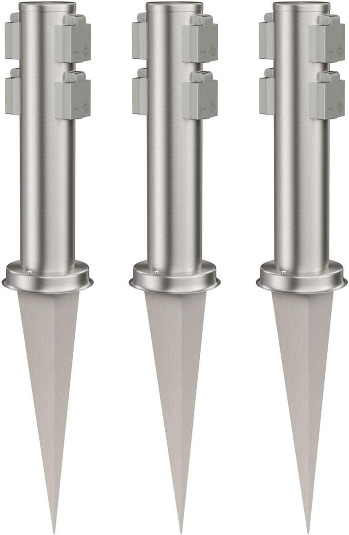 ledscom.de Gartensteckdose PORU mit Erdspiess, Outdoor, 4-Fach, Edelstahl, rund, 38cm, 2 STK. 2 Stüc