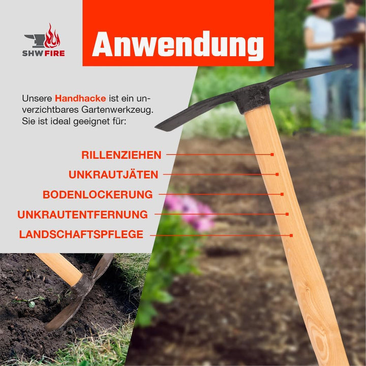 SHW-FIRE Handhacke, stabile geschmiedete Hacke für den Garten, Breit- und Herzblatt, 40cm kurzer erg
