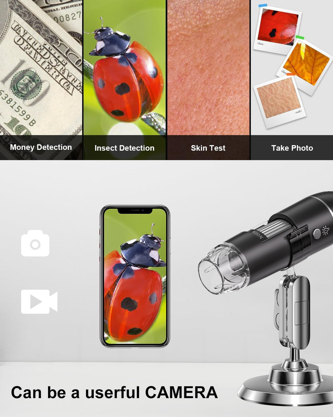 USB Mikroskop Digital, AOPICK 1440P fĂŒr iPhone 50 Bis 1000X Microscope mit 8 LED & StĂ€nder HD Handy