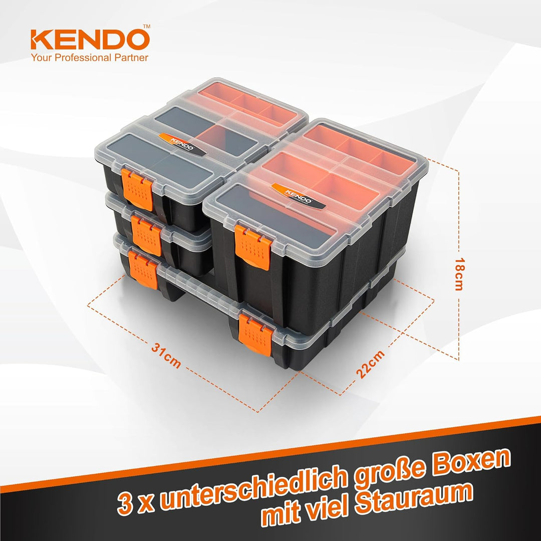 KENDO Sortimentskasten Set – 4-teilig – 49x Fächer – Werkzeugkasten – Für Kleinteile und Werkzeug 38