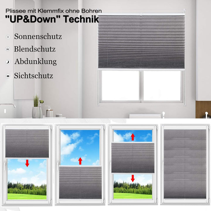 WOLTU Plissee ohne Bohren Klemmfix Faltrollo Jalousie Grau 100x130cm (BxH), Plisseerollo Crushed Opt