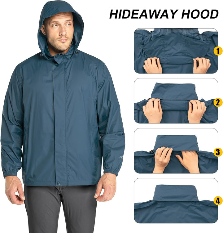 33,000ft Regenjacke Herren Leicht Wasserdicht Faltbare Regenmantel mit Kapuze Fahrrad Rain Windbreak