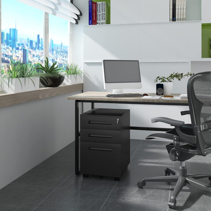 WOLTU Rollcontainer Metall, Mobiler Aktenschrank Büroschrank mit 3 Schubladen Bürocontainer, abschli