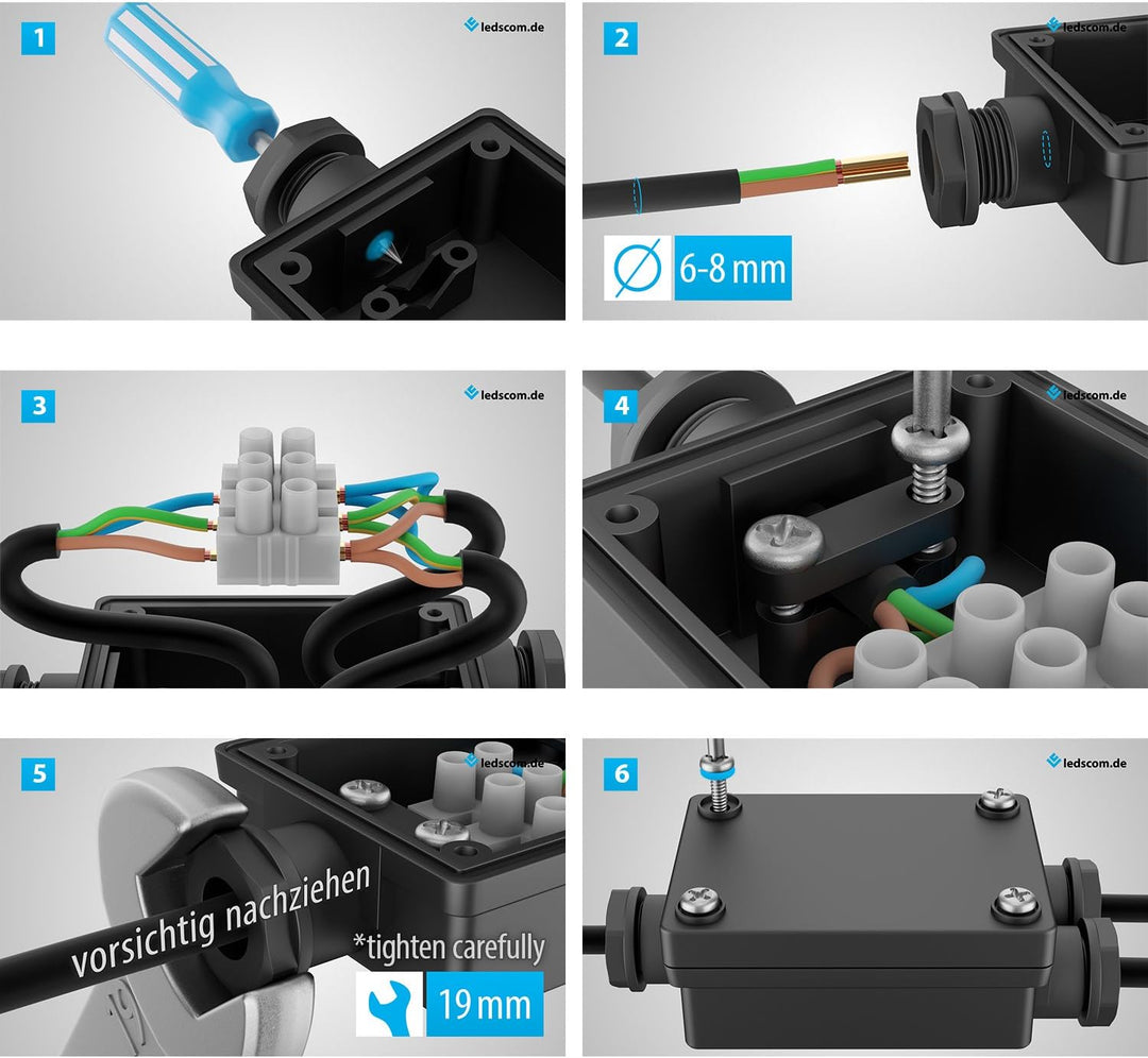 ledscom.de 2-fach Kabelverbinder, wetterfest, IP68, Muffe für 6-8mm Kabel-Durchmesser, 20 Stk. 20 St