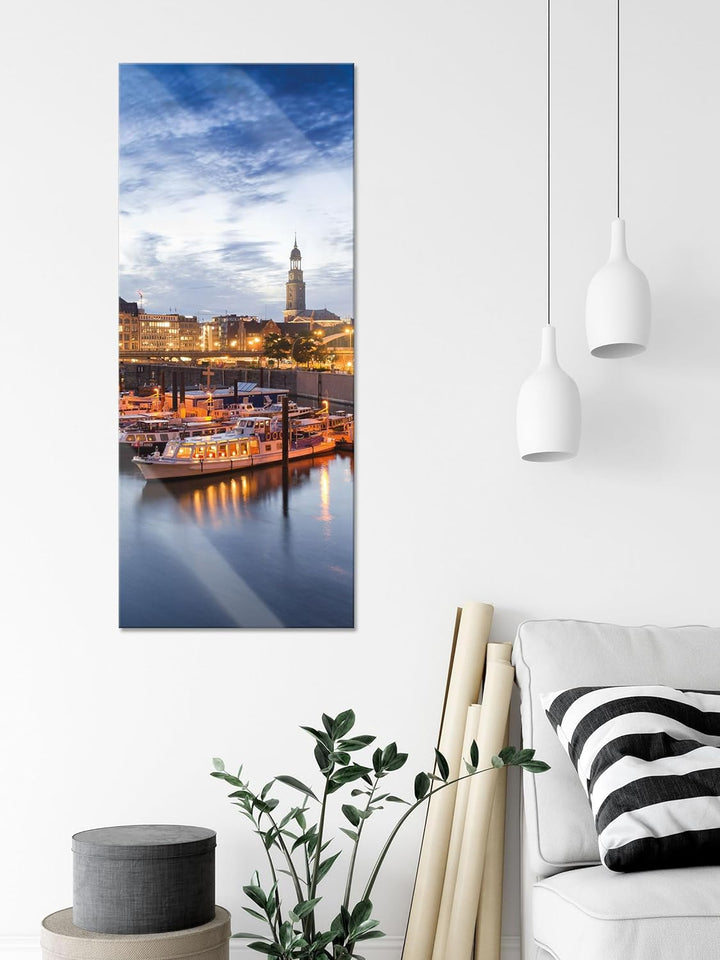 Glasbild Panorama | Wandbild aus Echtglas | Hamburger Hafen am Abend | 100x40 cm | inkl. Aufhängung
