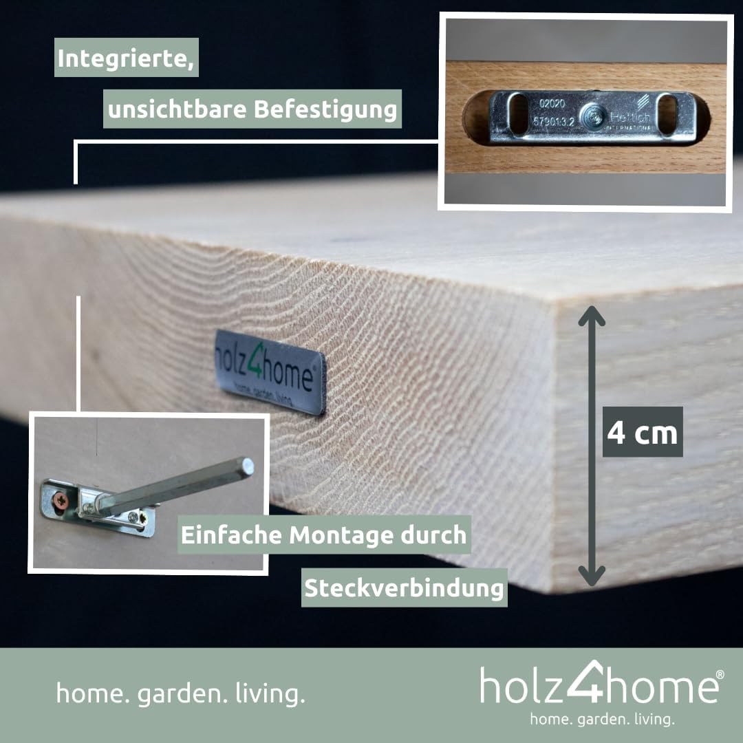holz4home® Wandregal ohne Baumkante 40 cm Länge, Hellgrau Geölt I Schweberegal mit Befestigung im mo