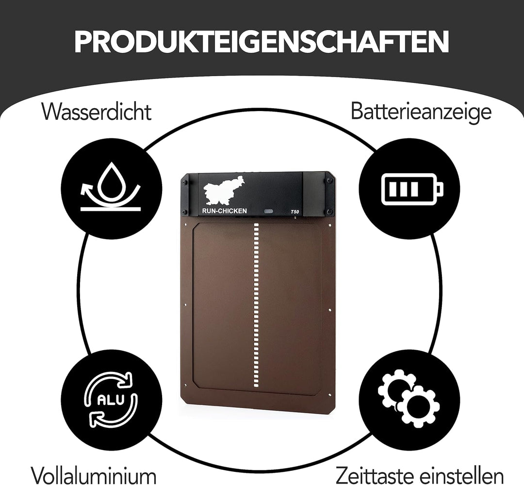 Run Chicken Model T50, Automatic Chicken Coop Door, Full Aluminum Doors, Light Sensing, Evening and