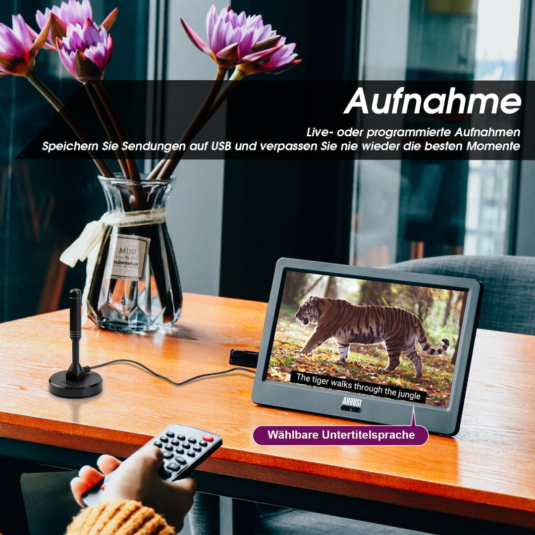 Tragbarer Mini Fernseher - August DA900D - 9 Zoll mit Akku - Portabler hochauflösender LCD TV mit DV