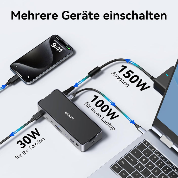 USB C Docking Station 3 Monitors, Triple Display Dock mit 2 HDMI DP 4K@144Hz, 15 in 1 Laptop Docking