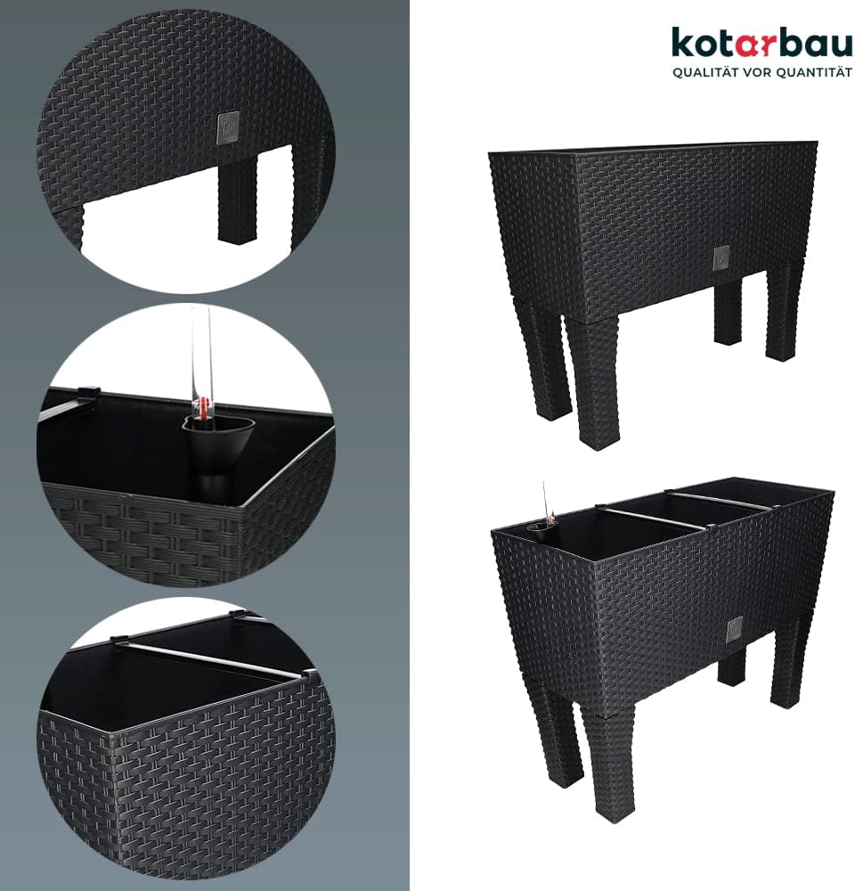 KOTARBAU® Blumenkasten 60x25x25cm mit Füssen und Bewässerungseinlage Anthrazit Rattan Imitation, Ant