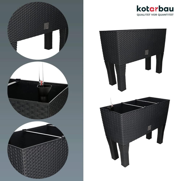 KOTARBAU® Blumenkasten 60x25x25cm mit Füssen und Bewässerungseinlage Anthrazit Rattan Imitation, Ant