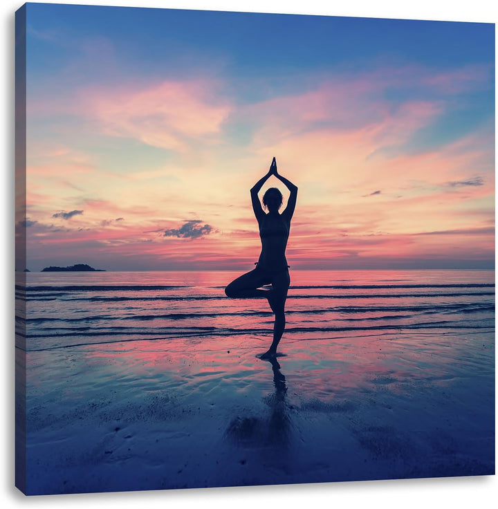 Pixxprint Yoga am Strand, Format: 70x70 auf Leinwand, XXL riesige Bilder fertig gerahmt mit Keilrahm