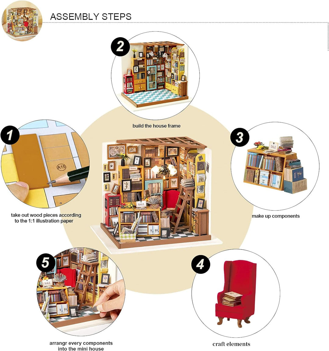 Rolife Miniatur Puppenhaus Kit DIY Holz Bibliothek Haus Modell für Mädchen und Jungen Kinder 14 15 1