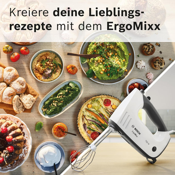 Bosch Handrührer ErgoMixx, MFQ37470, 750 W, Mixfuss, Edelstahl Rührwerkzeuge, 5 Stufen plus Turbotas