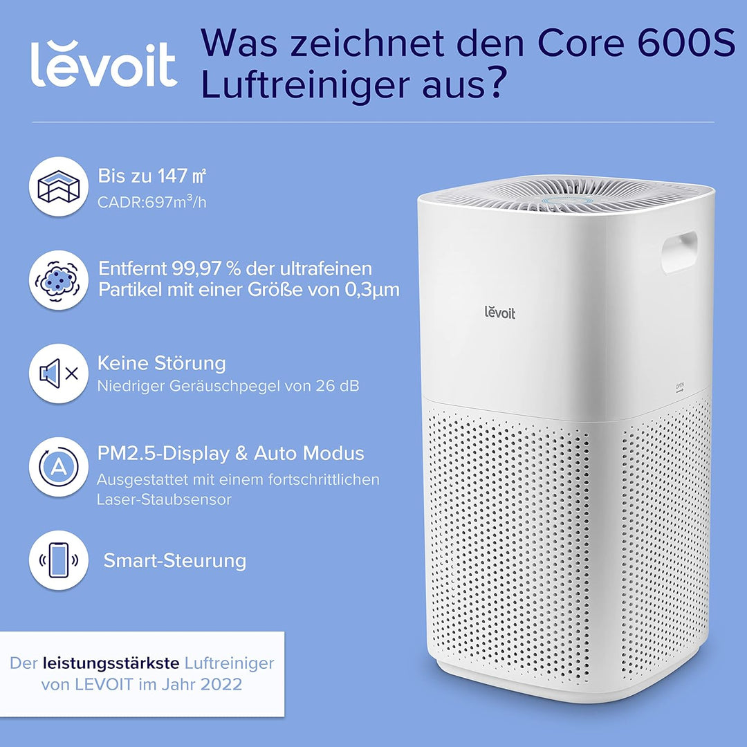 LEVOIT HEPA Luftreiniger für Raucherzimmer Allergiker, CADR 697m³/h bis 147㎡ Wohnung, PM2,5 Luftqual