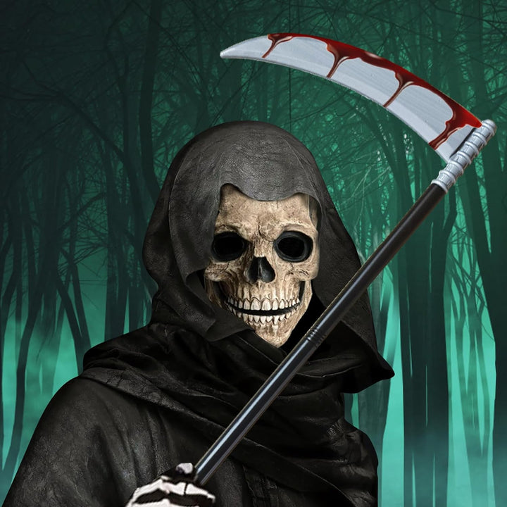 BARVERE Sensenmann Kostüm, Totenkopf Maske Set mit Sensemann Umhang, Halloween Sense und Handschuhe,