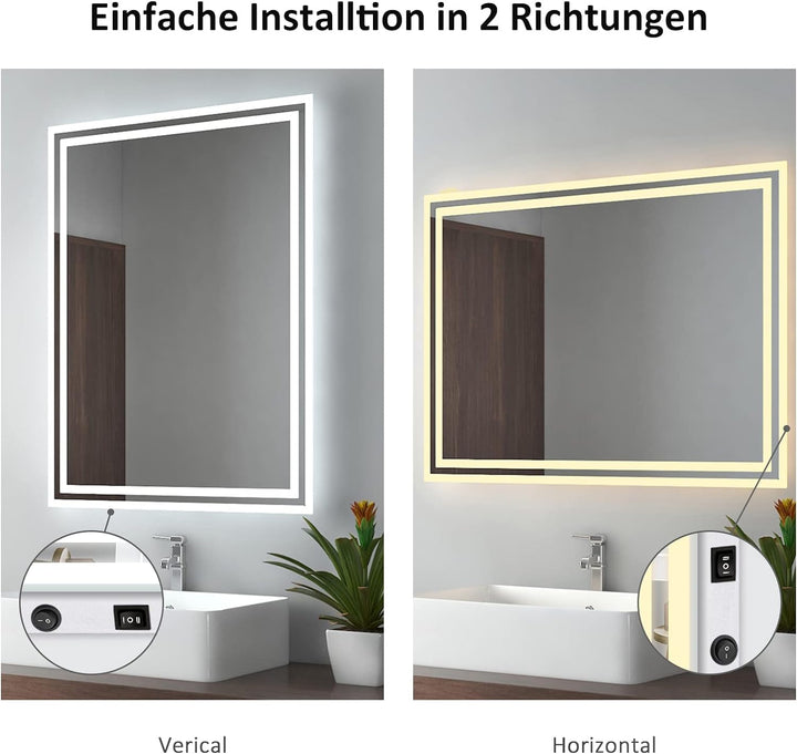 EMKE Badspiegel mit Beleuchtung 50x60cm, Badezimmerspiegel mit Kippschalter+Beschlagfrei+2 Lichtfarb