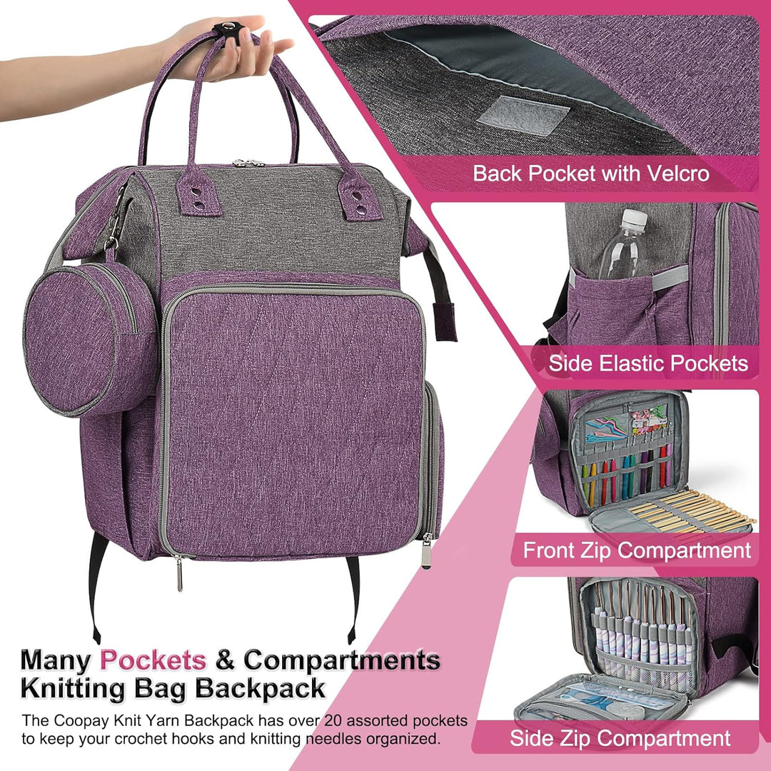 Coopay Multifunktion Stricktasche Rucksack, Reise Häkeltasche mit 6 Garnösen, Grosse Garnaufbewahrun