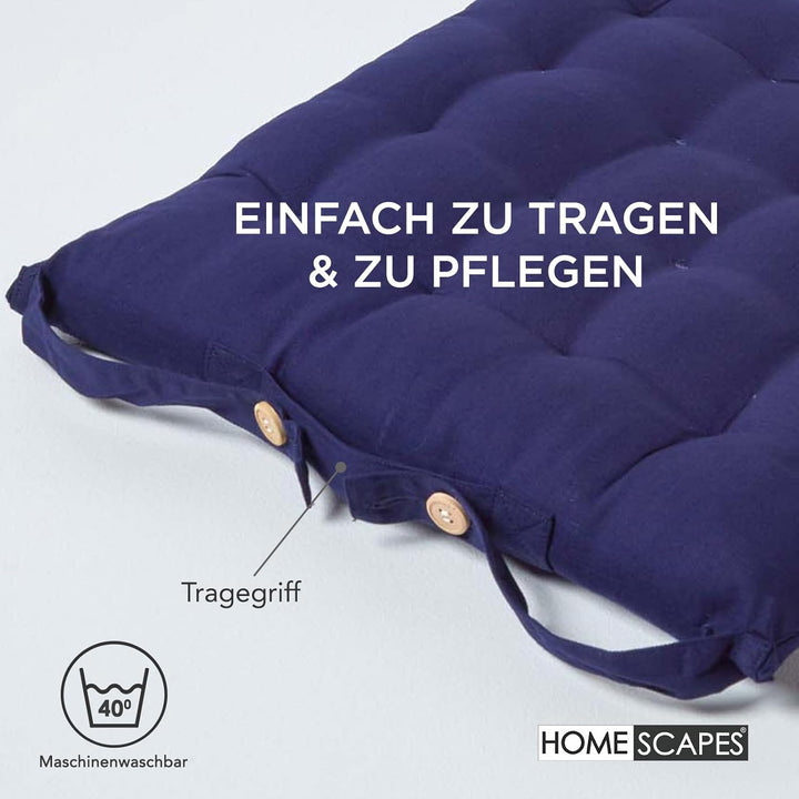 Homescapes 4er Set Stuhlkissen 40 x 40 cm, dunkelblau, Sitzkissen mit Bändern und Knopfverschluss, e