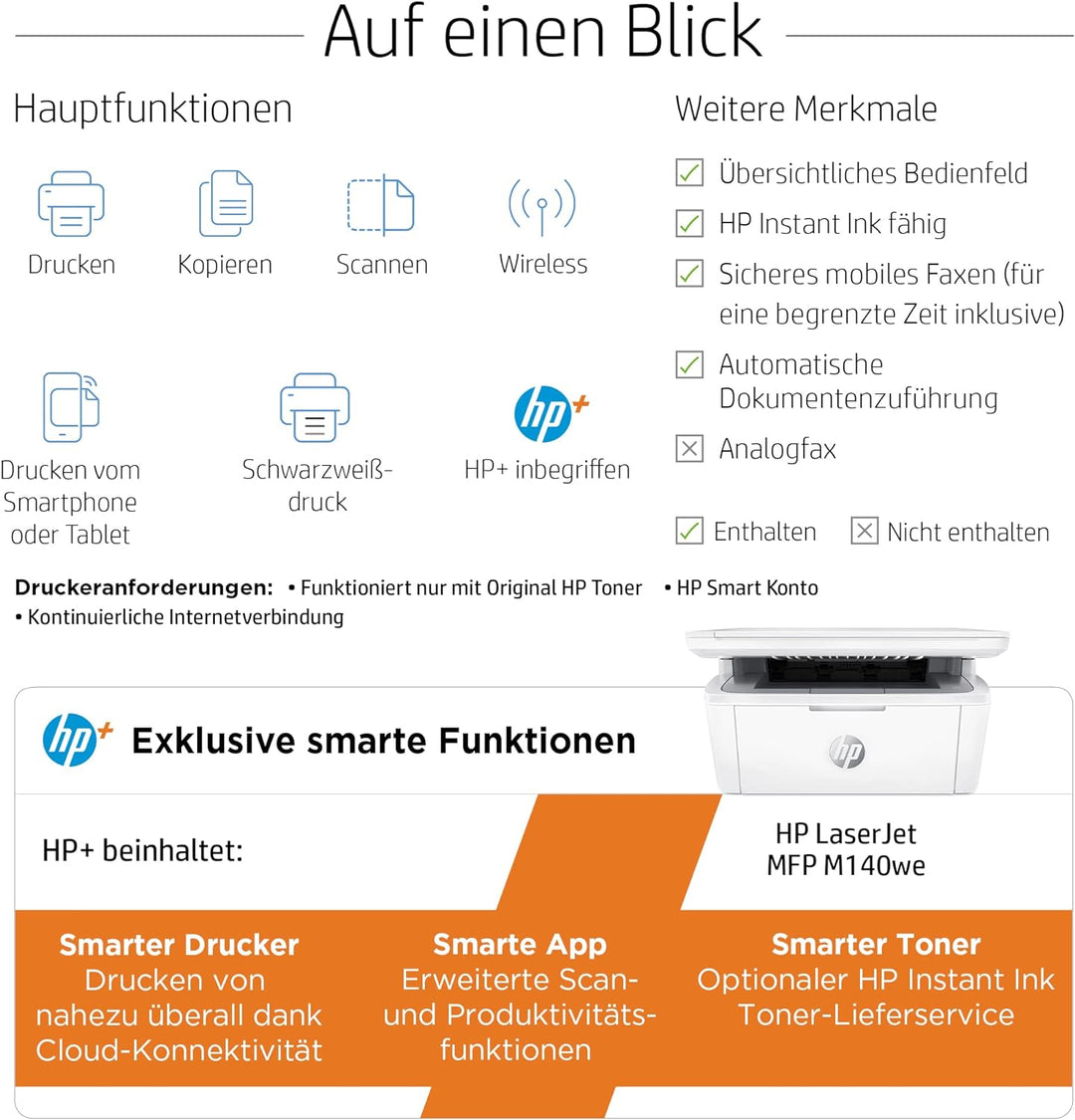 HP LaserJet MFP M140we Laserdrucker, Monolaser 3-in1, 6 Monate gratis drucken mit HP Instant Ink ink