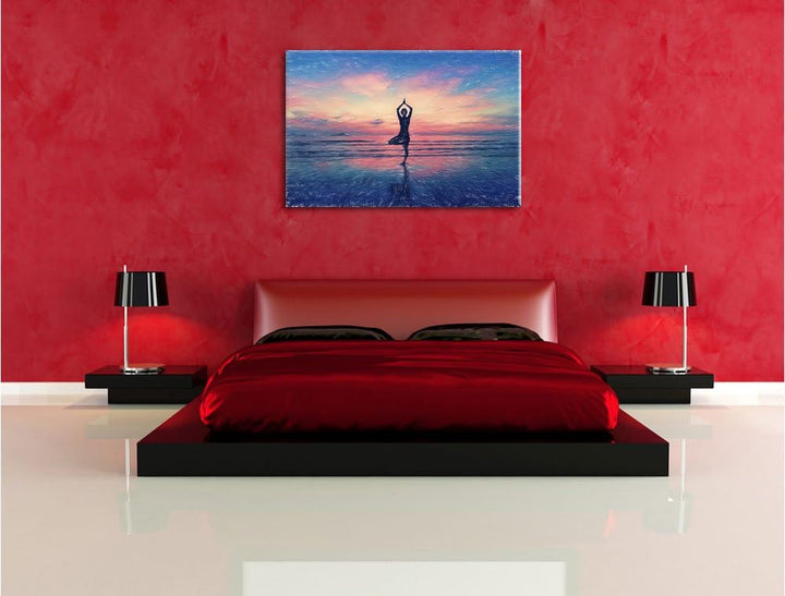 Pixxprint Yoga am Strand / 100x70cm Leinwandbild bespannt auf Holzrahmen/Wandbild Kunstdruck Dekorat