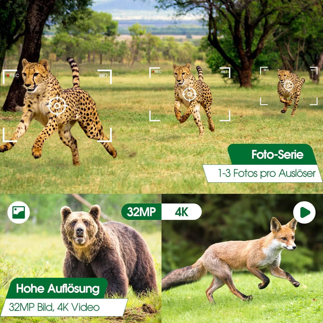 Crenova Wildkamera 4K 32MP mit 32GB microSD 940nm IR LEDs Bluetooth Bewegungsmelder Nachtsicht Spiel