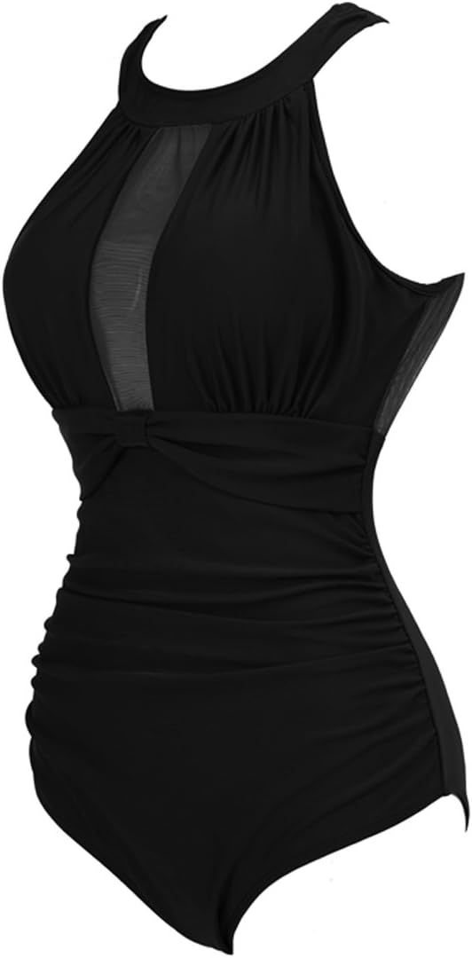 VILOREE Damen Schlankheits Badeanzug Raffung Einteiler High Neck Bademode Strandmode M Schwarz, M Sc