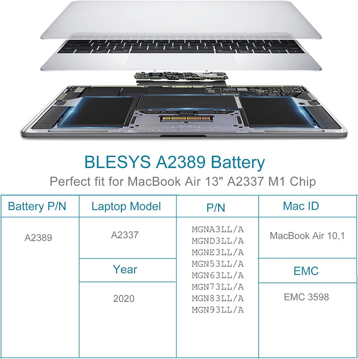BLESYS A2337 Akku A2389 Laptop Ersatzakku fĂŒr MacBook Air 13 Zoll A2337 M1 2020 EMC 3598 [Li-Polymer