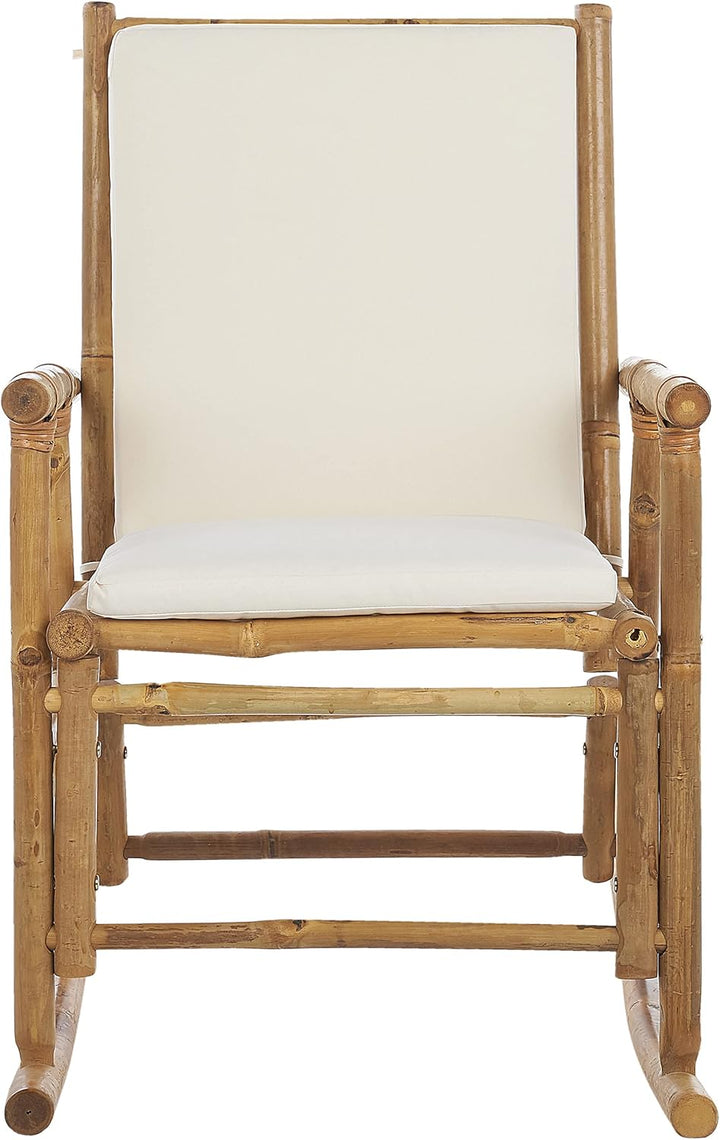 Garten Schaukelstuhl Bambus hellbraun mit Armlehnen Auflage weiss Boho Frigole