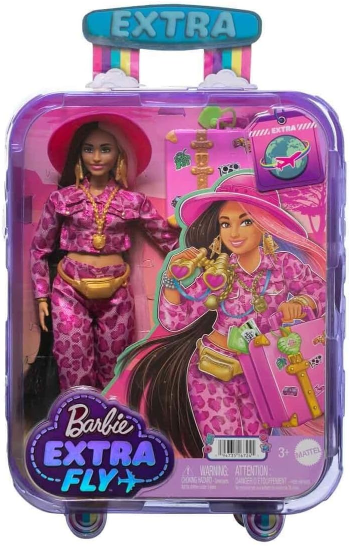 Barbie Extra Fly - Safari-Reise-Puppe mit pinkem Outfit und Zubehör, beweglicher Körper, 15 Accessoi