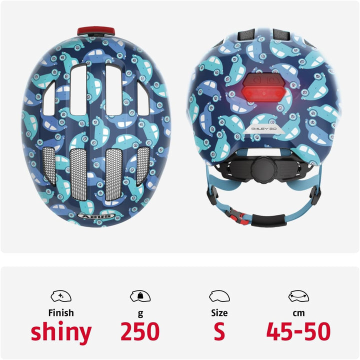 ABUS Kinderhelm Smiley 3.0 LED - Fahrradhelm mit Licht - tiefe Passform & Platz für einen Zopf - für