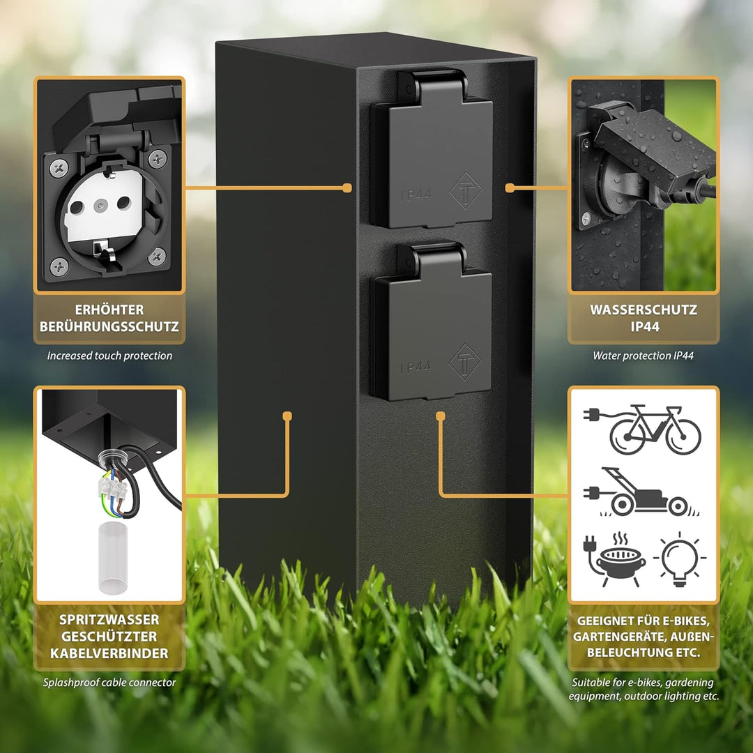 ledscom.de Garten-Steckdosen-Säule POMI mit Erdspiess und 2m Kabel für aussen, IP44, 4-Fach, schwarz