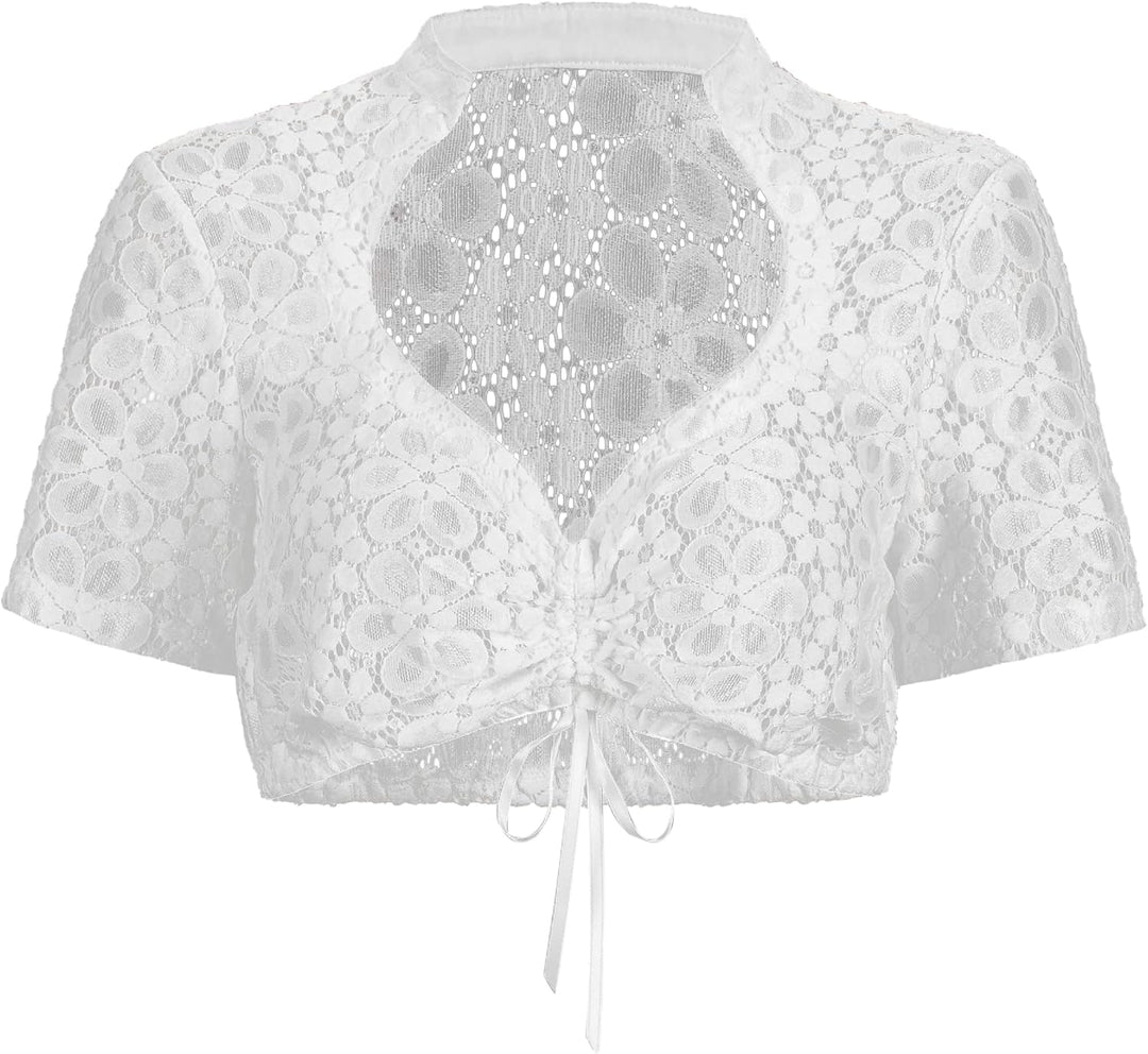 Dirndlparty Dirndlbluse Damen Schlicht, Kurzarm Dirndl Bluse Creme Spitze Trachtenbluse Oktoberfest