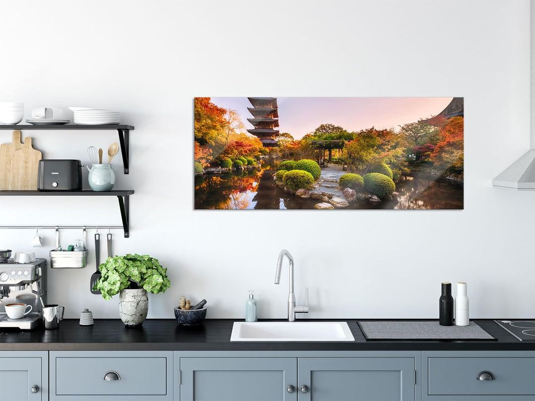 Glasbild Panorama | Wandbild aus Echtglas | See im Herbst vor japanischem Tempel | 100x40 cm | inkl.