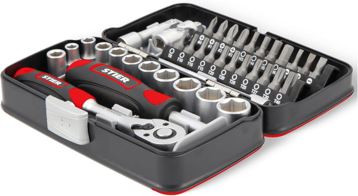 STIER Steckschlüssel- und Bit-Satz, 38-teilig, Umschaltknarre 1/4 Zoll, Sechskant-Steckschlüsseleins