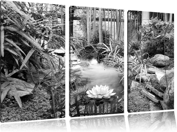 Pixxprint Zen Garten Japan Kunst B&W / 3-Teilig/Gesamtmass 120cm Leinwandbild bespannt auf Holzrahme