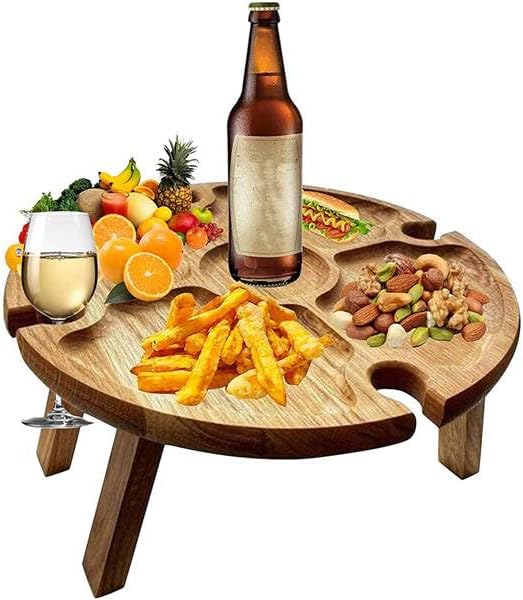Torribaly Tragbarer Picknicktisch, Mini Campingtisch Rund Holz Gartentisch Klappbar Snackbox, Couchb
