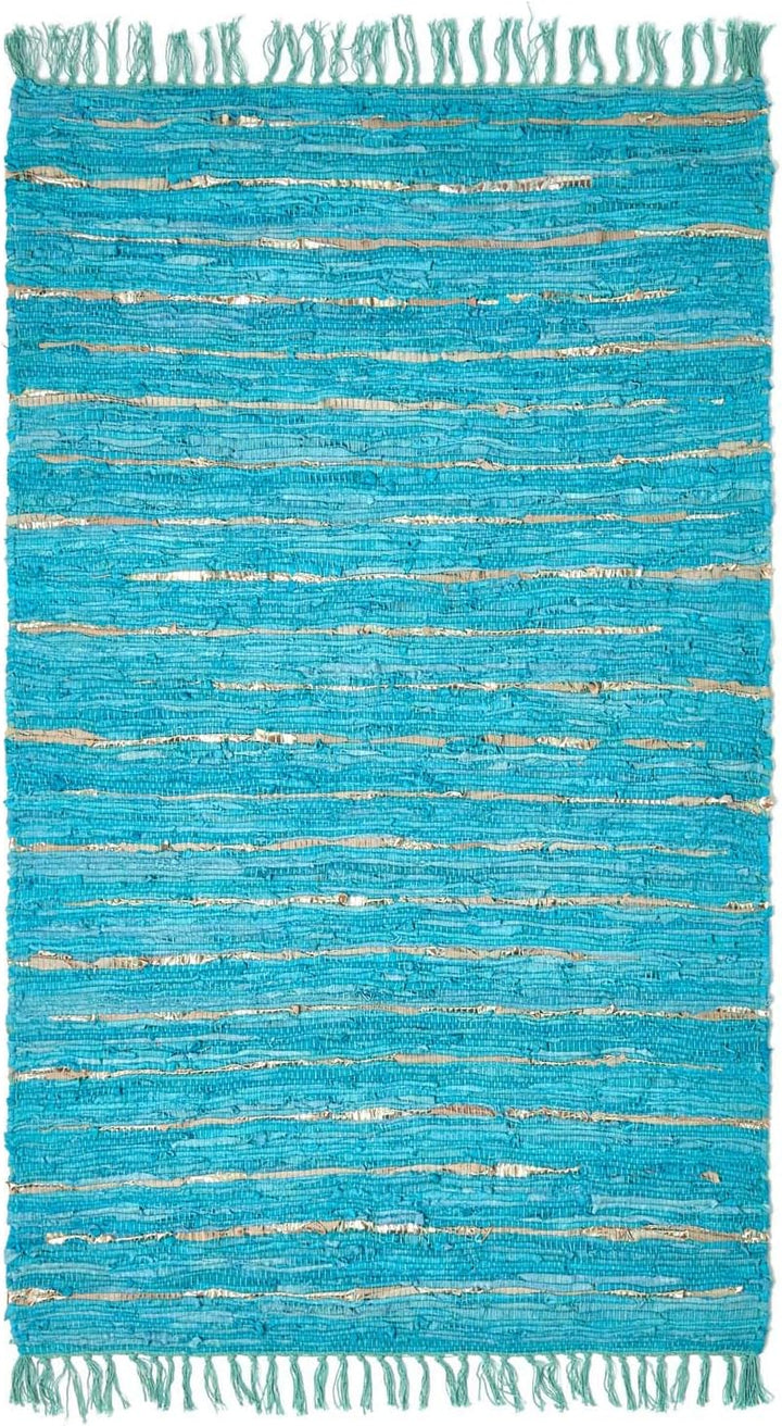 Homescapes Teppich aus recyceltem Leder mit Glitzer-Streifen und Fransen, 120 x 180 cm, türkis-Gold