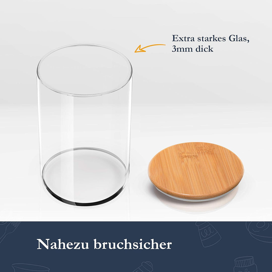 HIKITCHEN® Vorratsgläser aus 3mm dickem Borosilikatglas - Vorratsdosen Glas mit Bambusdeckel, Glasbe