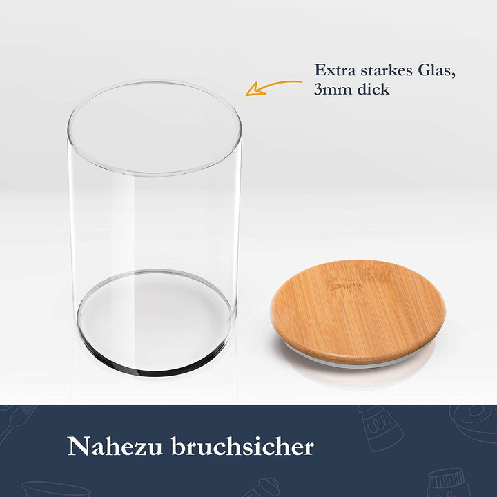 HIKITCHEN® Vorratsgläser aus 3mm dickem Borosilikatglas - Vorratsdosen Glas mit Bambusdeckel, Glasbe